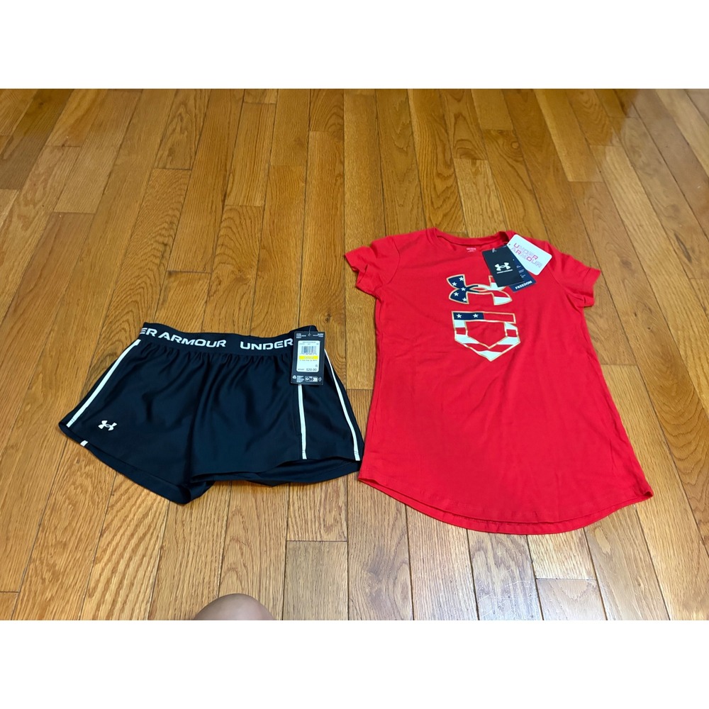 New Under Armour Girls Red Freedom Softball Tee Black Play Up Shorts Set Medium